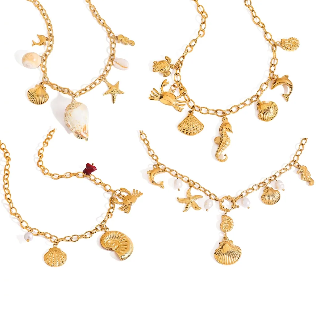 Collier Animaux Marins Acier Inoxydable Plqué Or 18K Künstliche Perle Coquillage Étoile De Mer Hippocampe Tortue Dauphin Bijoux Femmes