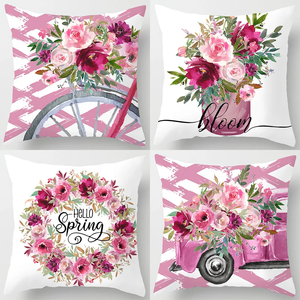 Watercolor Floral Wreath Throw Pillow Cover Peach Skin Polyester Square Soft Cushion Case Hello Spring Home Decor