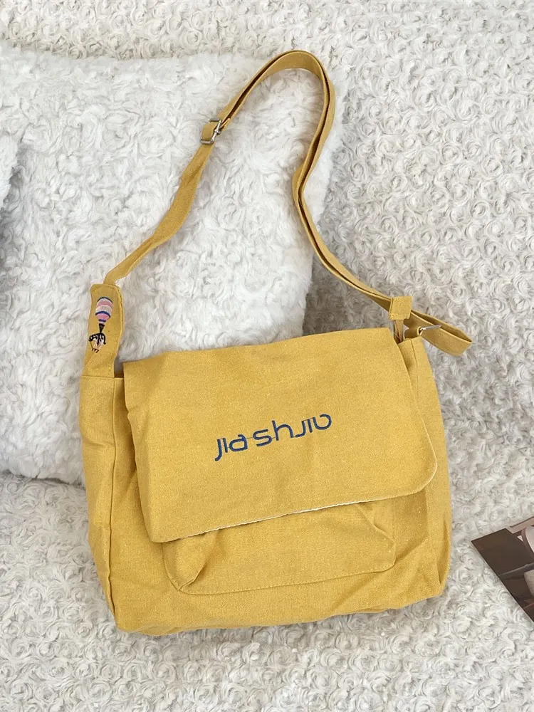 Canvas Messenger Bag Yellow Flap Crossbody Purse Adjustable Strap Letter Embroidery Casual Commuting Solid Color Women