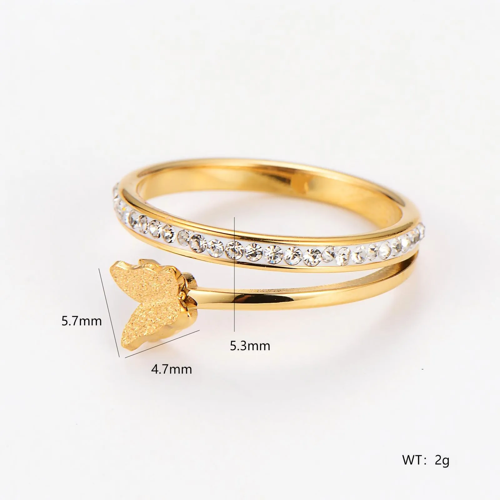 Butterfly Open Ring 304 Stainless Steel Frosted Double Layer Crisscross Adjustable Micro Pave Rhinestone For Women