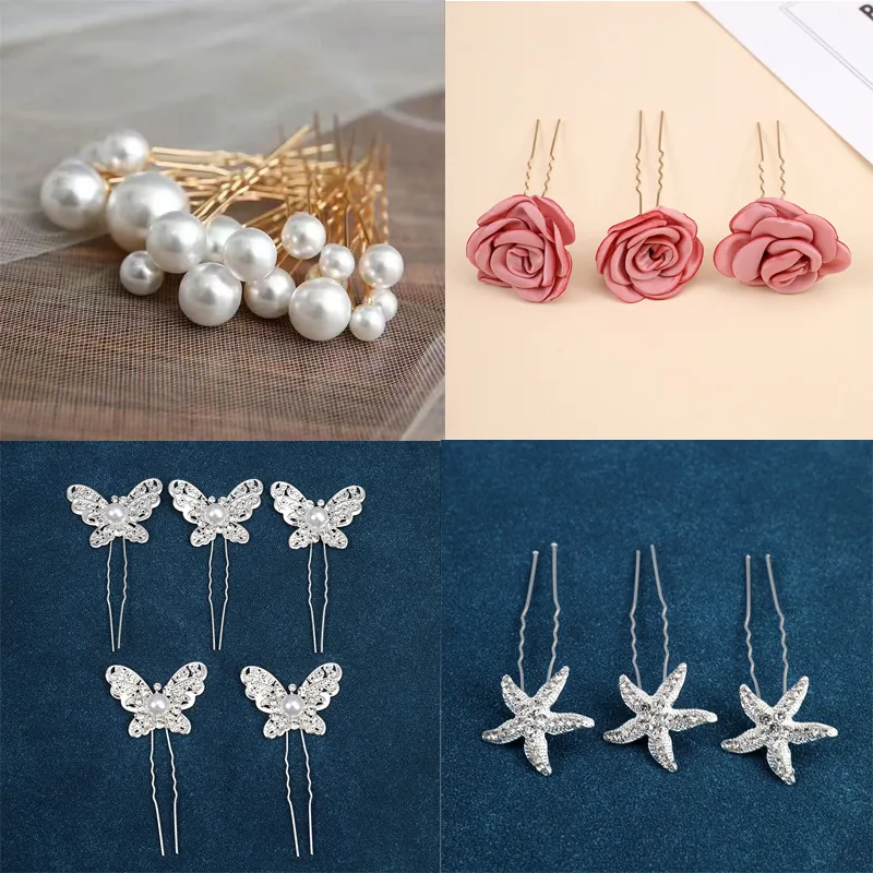 Bridal U Shaped Hair Pins Alloy Rhinestone Faux Artificial Pearl Fabric Rose Butterfly Starfish Wedding Styling Accessories Women