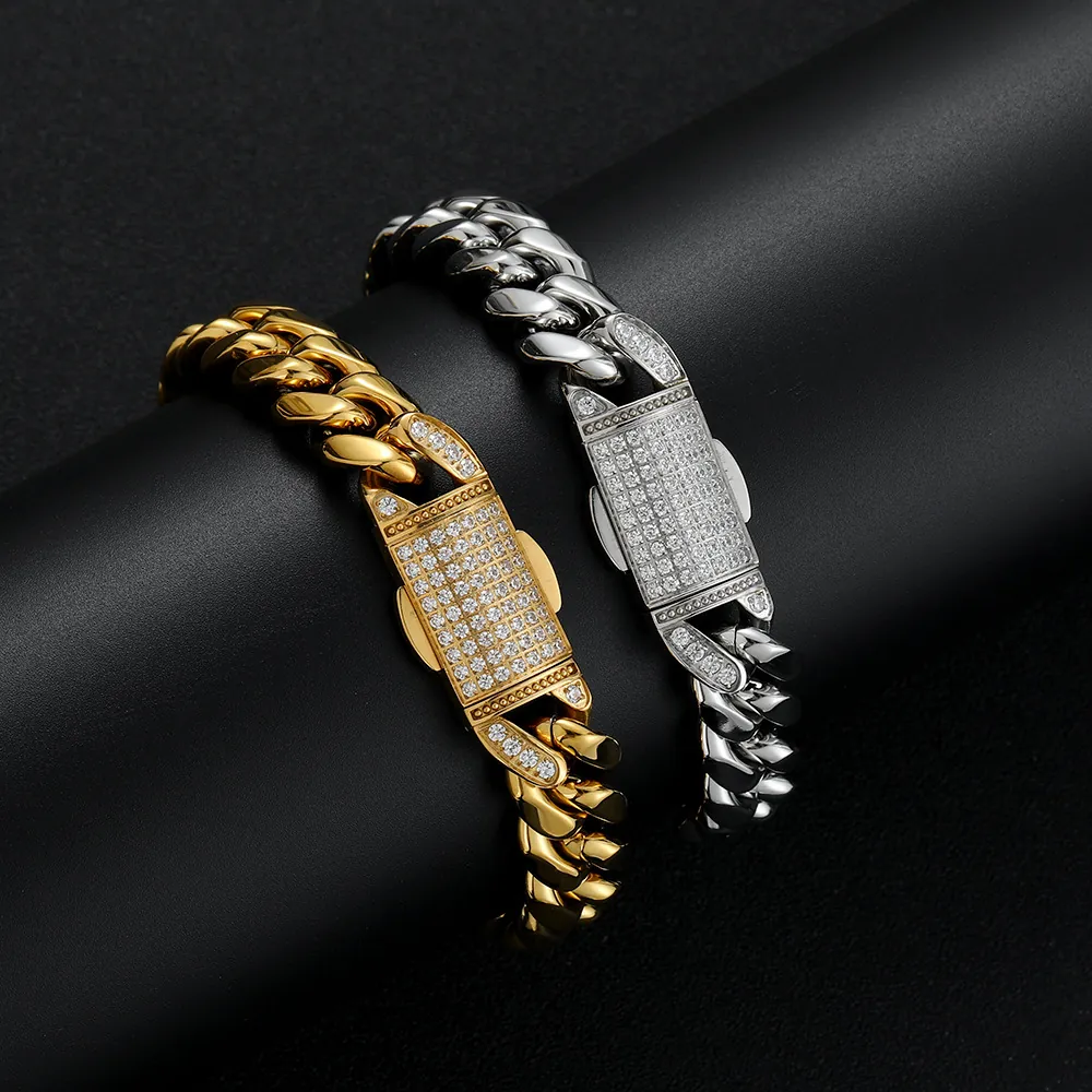 Cuban Chain Bracelet Stainless Steel Iced Out Cubic Zirconia Clasp Hip Hop Streetwear Jewelry Men Unisex