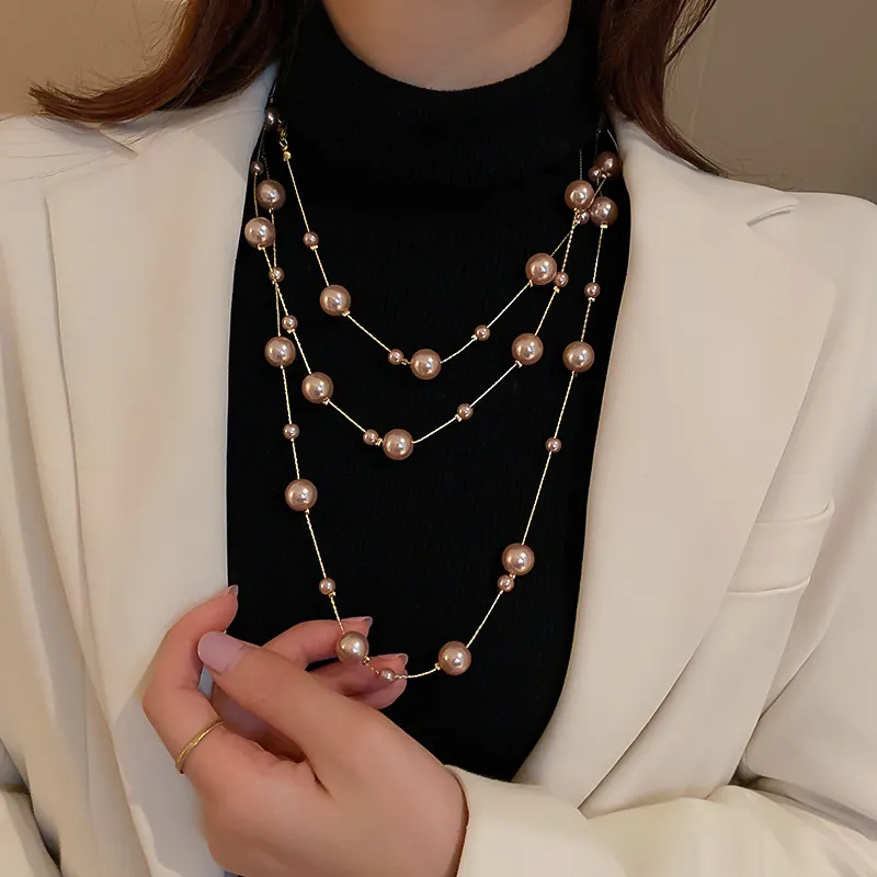 Elegant Multi-Layer Long Faux Artificial Pearl Necklace Alloy Metal Chain Retro Station Style Fashion Jewelry Accessory For Women