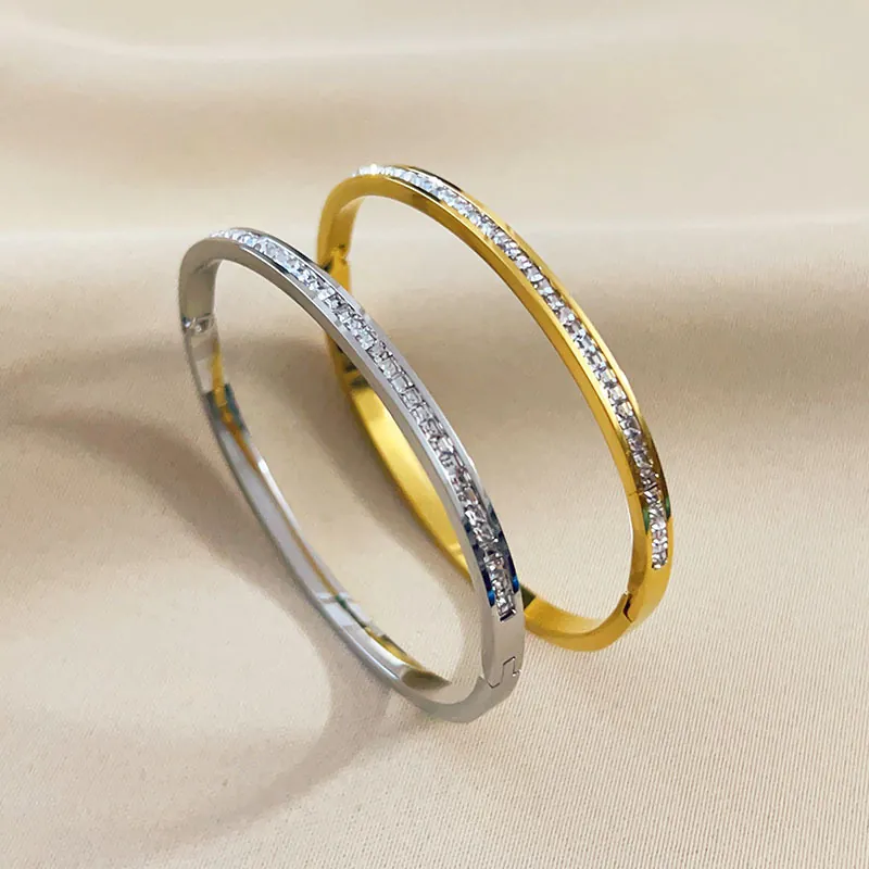 Stainless Steel Hinged Bangle Bracelet With Sparkling Cubic Zirconia Minimalist Luxury Fashion Jewelry For Women