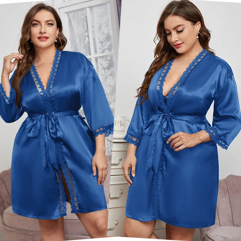 Plus Size Women Satin Robe Lace Trim V Neck Faux Satin Sleepwear Loungewear Nightgown With Belt