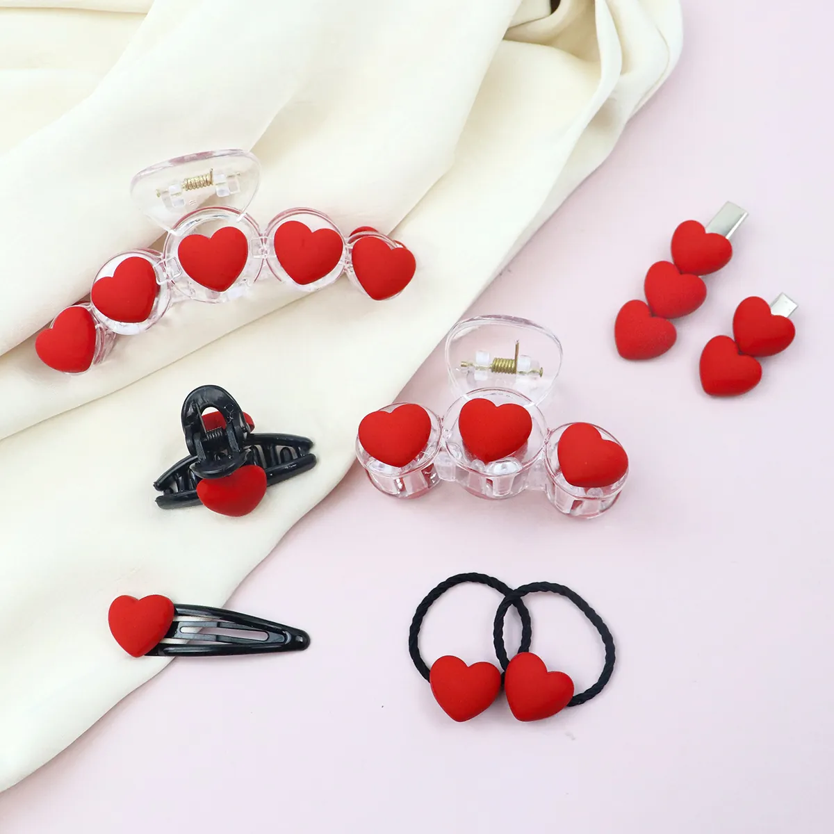 Red Heart Hair Claw Clips Pins And Elastic Hair Ties Plastic Resin Flocking Sweet Valentine Style Accessories For Women Girls