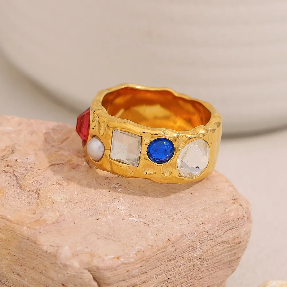 Vintage Hammered Stainless Steel Open Ring 18K Gold Plated With Colorful Cubic Zirconia And Imitation Artificial Pearl For Women