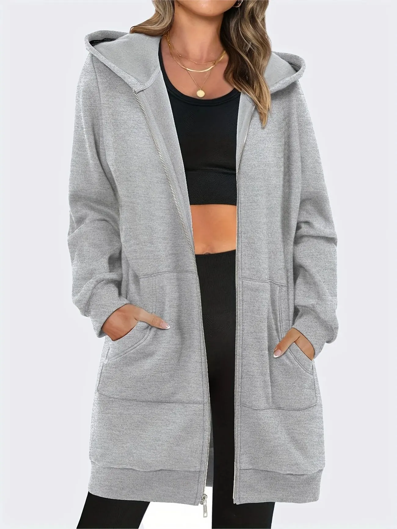 Women Oversized Mid Length Zip Up Hoodie Jacket Knitted Fleece Long Sleeve Casual Outdoor Sweatshirt With Pockets