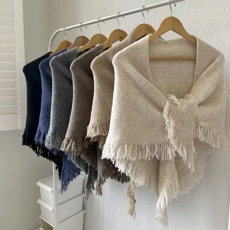Women Wool Blend Soft Knitted Shawl Scarf With Tassel Tassel Long Poncho Winter Warm Solid Color Commuting Fashion Scarf