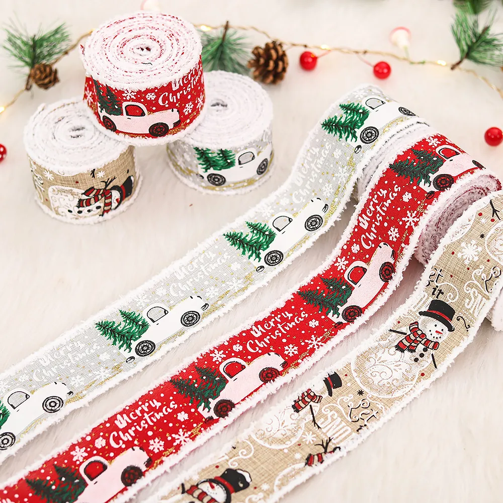 Christmas Decorative Ribbon Faux Linen With Fringe Edge Red Truck Snowman Printing For Gift Wrapping Festive Ornament