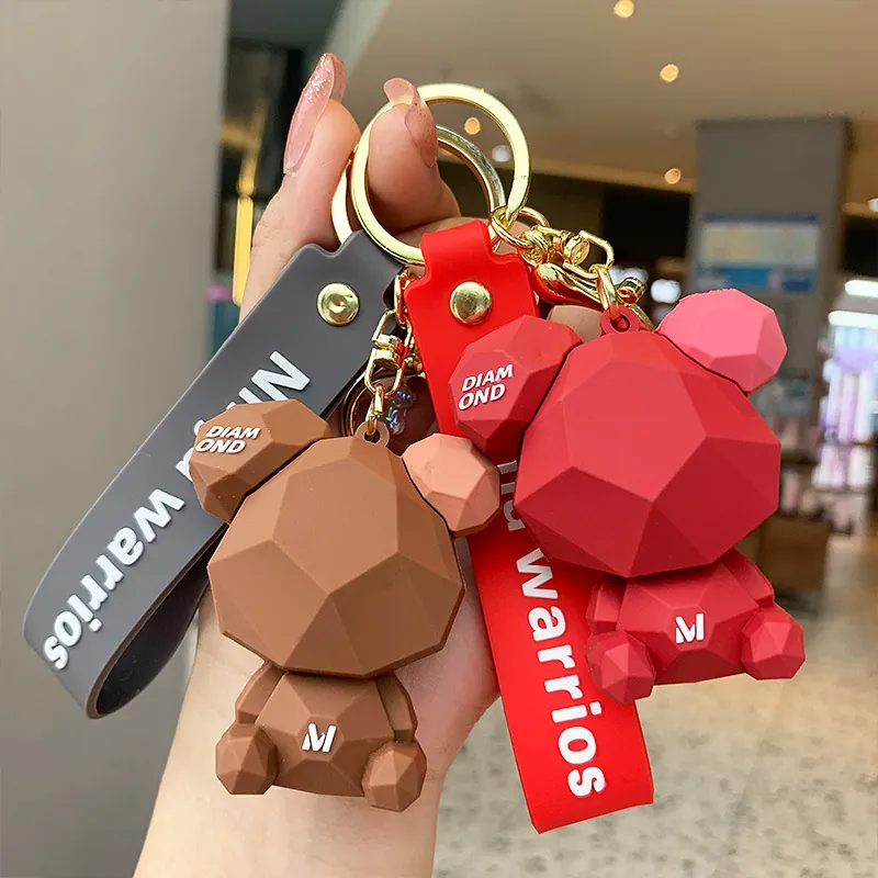 Geometric Bear Keychain Resin Pendant With PVC Wrist Strap And Alloy Ring For Bag Car Cartoon Modern Gift