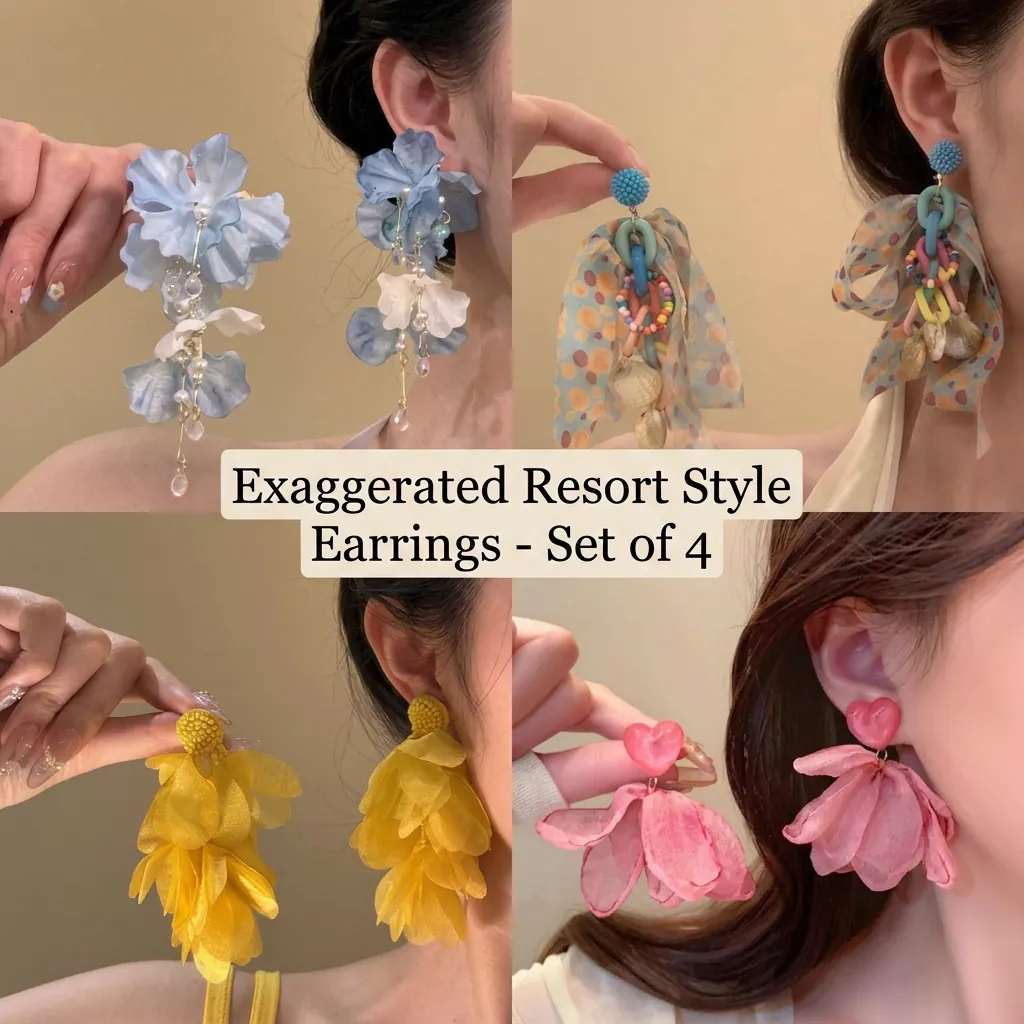 Boucles D'oreilles Fleurs Avec Pétales En Tissu Perles Et Tiges En Argent Style Bohème Bijoux De Vacances Femme