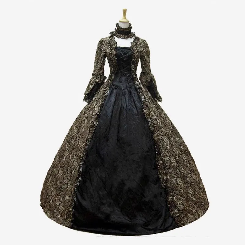 Victorian Gothic Palace Dress For Women Vintage Renaissance Floral Print Long Flare Sleeve Lace Ruffle Gown Performance