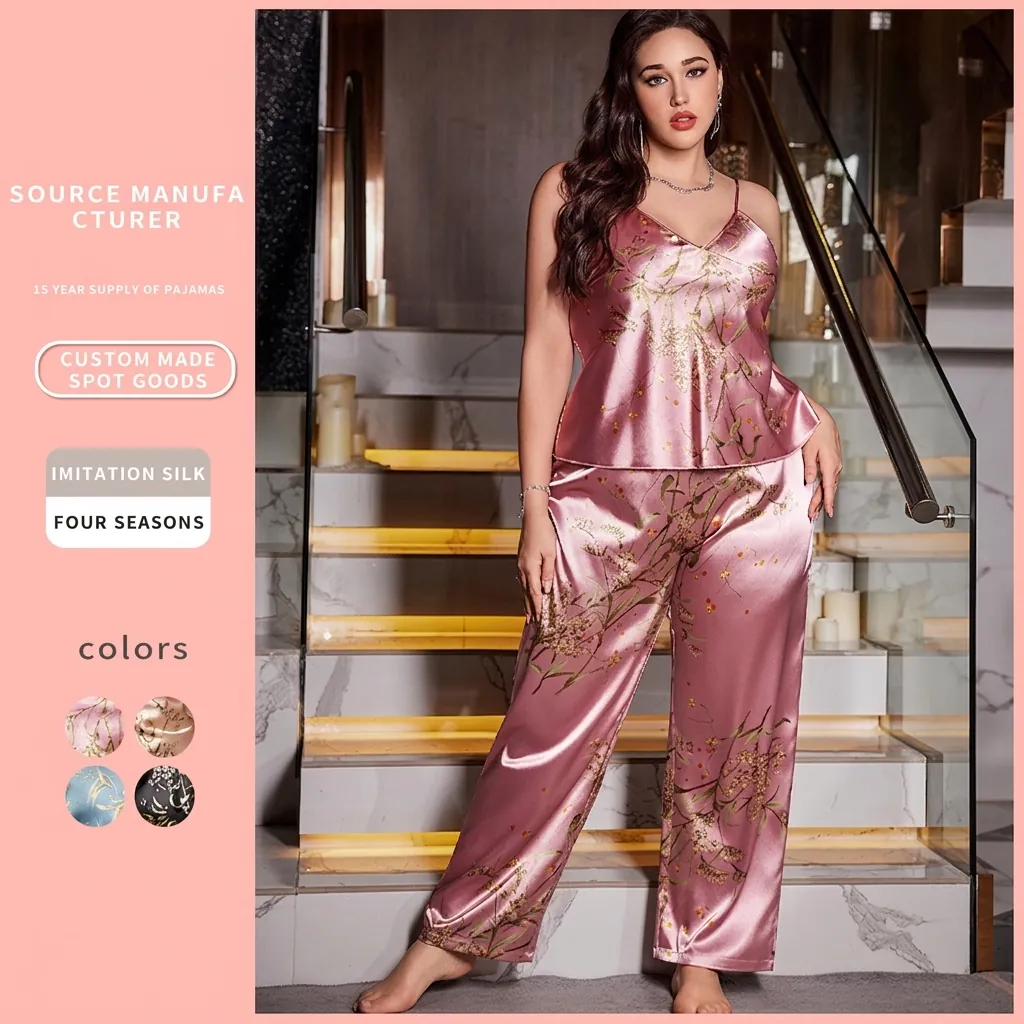 Damen Schlafanzug Mit Blumendruck Satin Camisole Top Und Lange Hose V-Ausschnitt Übergröße Nachtwäsche