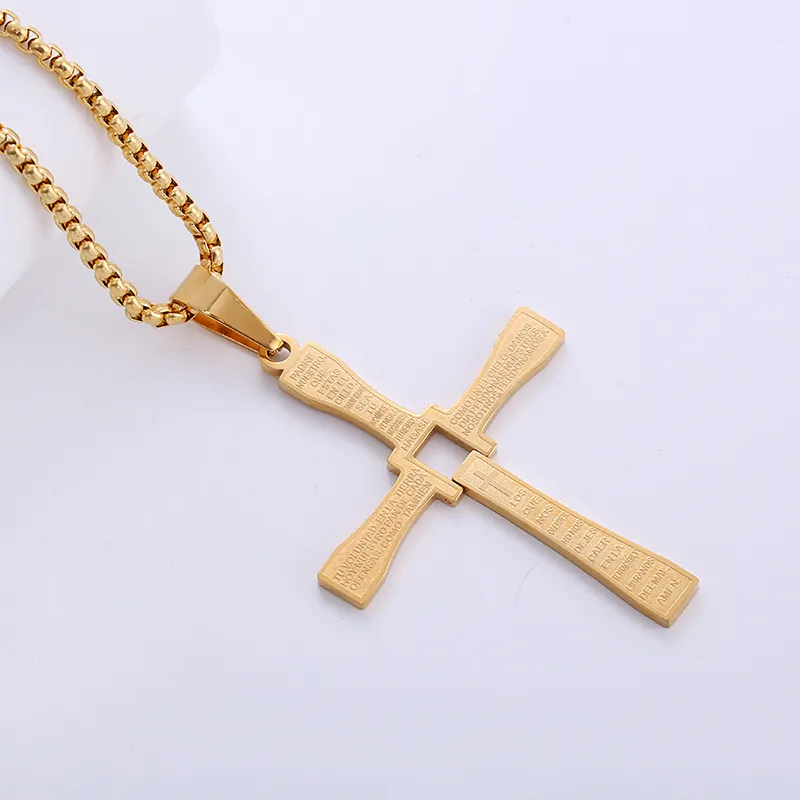Stainless Steel Religious Cross Pendant Necklace Moveable Hinged Engraved Scripture Retro Jewelry For Men Women