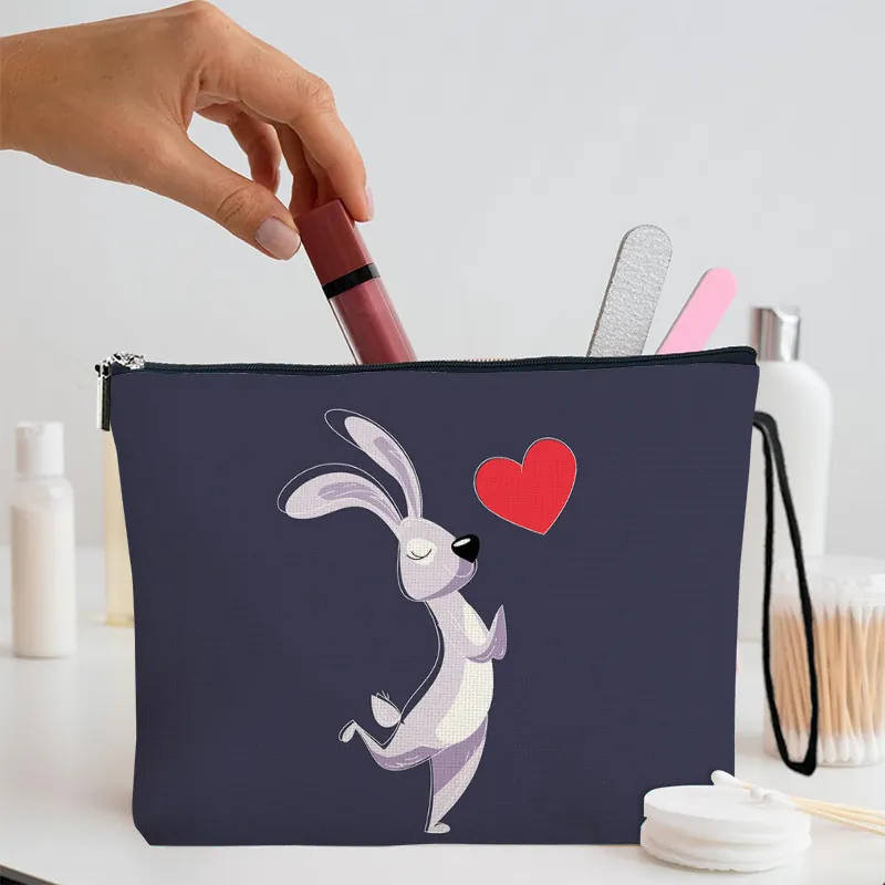 Cartoon Animal Heart Print Cosmetic Bag Linen Texture Zippered Toiletry Pouch With Wrist Strap Portable Makeup Organizer