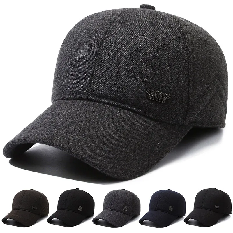 Casquette De Baseball D'Hiver Pour Hommes Tweed De Laine Chapeau Chaud Oreillettes Pliables Coupe-Vent Sport Extérieur