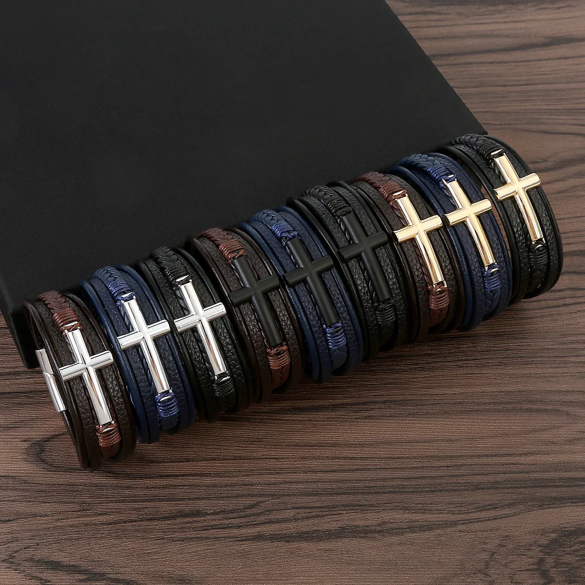 Men Multi-Layer Braided Leather Bracelet Alloy Cross Pendant Magnetic Clasp Punk Retro Religious Jewelry