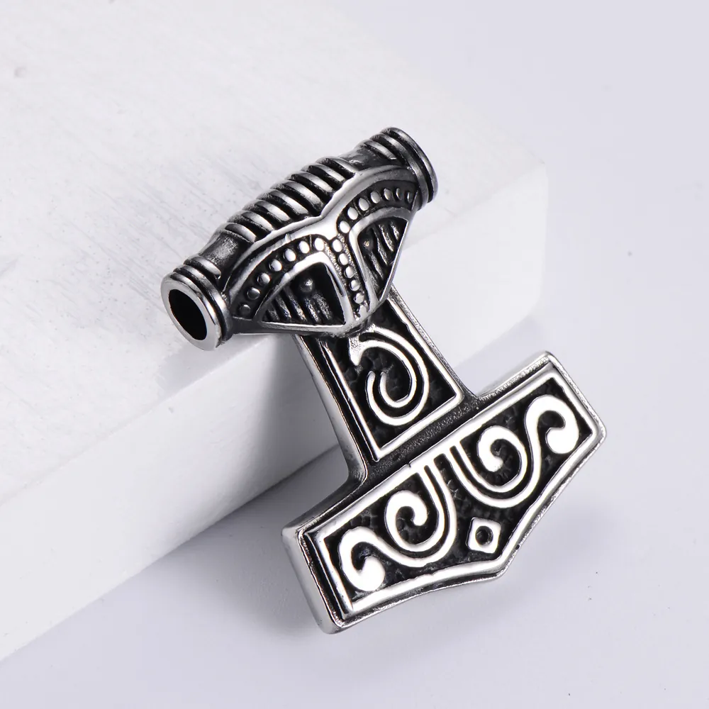Viking Thors Hammer Mjolnir Pendant Necklace 304 Stainless Steel Goat Head Nordic Mythology Jewelry For Men Vintage Punk Style
