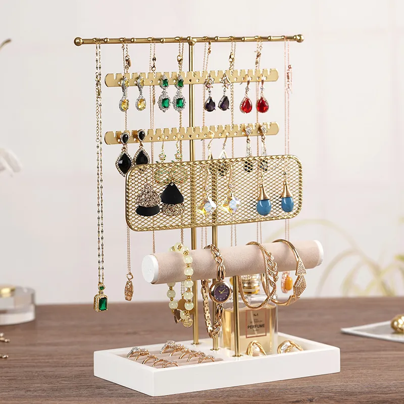 Jewelry Display Stand Metal Wood Multi Layer Jewelry Organizer Tower For Necklace Earring Ring Bracelet Watch Modern