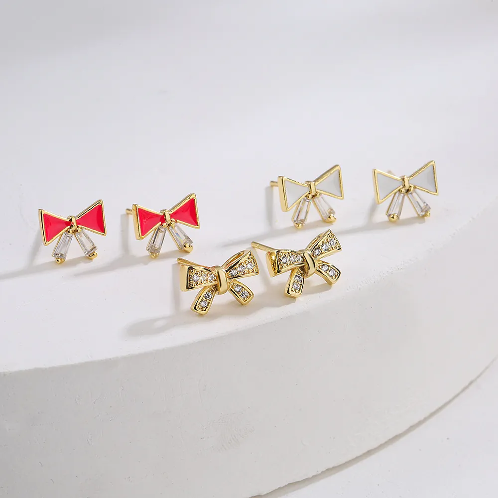 Bowknot Stud Earrings Copper Gold Plated Micro Inlaid Zircon Enamel Elegant Chic Jewelry Gift For Women