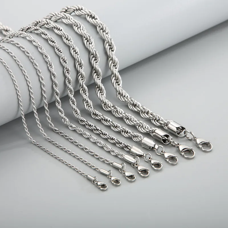 Stainless Steel Rope Chain Necklace Silver Color Twist Link Jewelry For Men Women Hip Hop Punk Rock Style