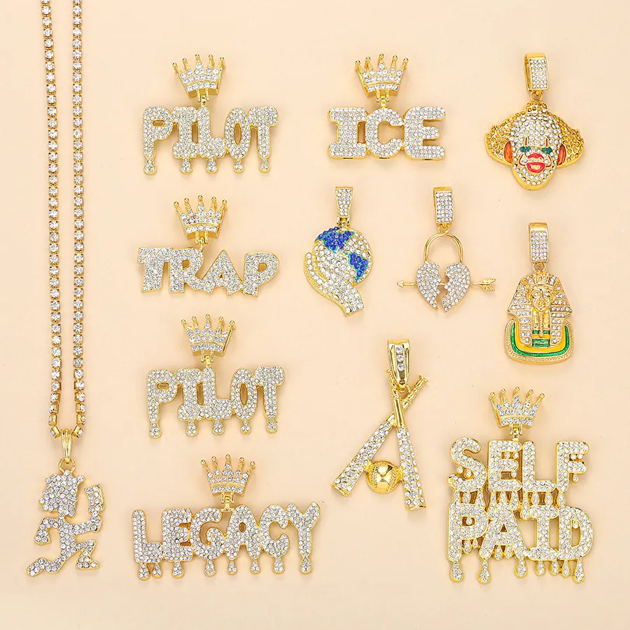 Men Hip Hop Iced Out Pendant Necklace Zinc Alloy Rhinestone Crown Letter Clown Pharaoh Bling Streetwear Jewelry