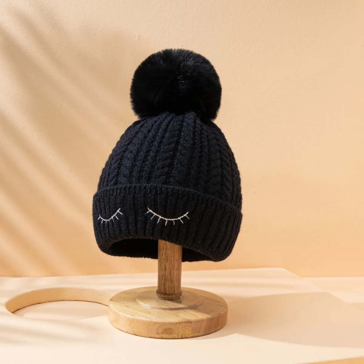 Berretto In Maglia Con Pompon In Ecopelliccia Ricamo Ciglia Foderato In Pile Caldo Inverno Per Donna