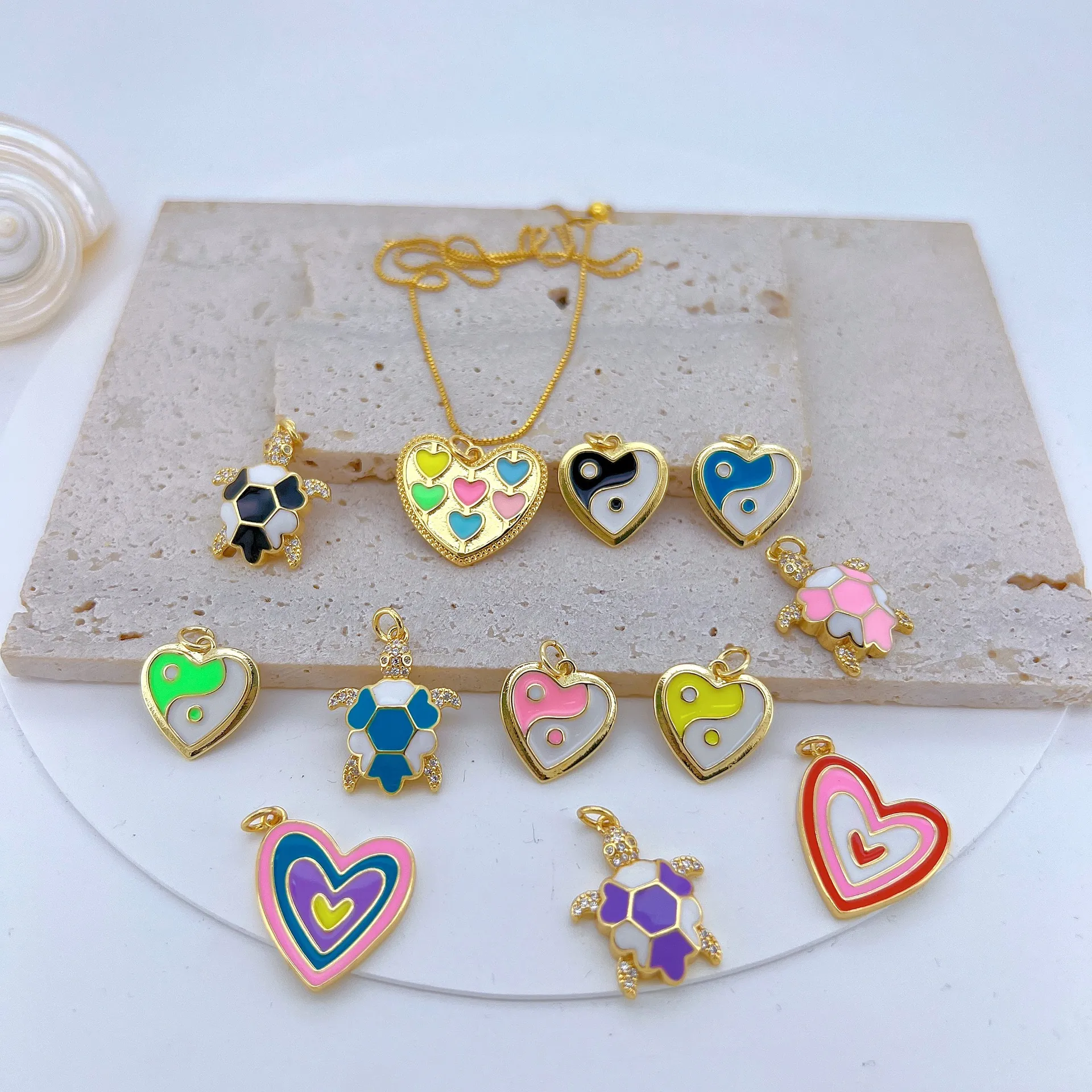 Pendant Necklace Copper Gold Plated Colorful Enamel Yin Yang Heart Sea Turtle Zircon Fashion Jewelry Women