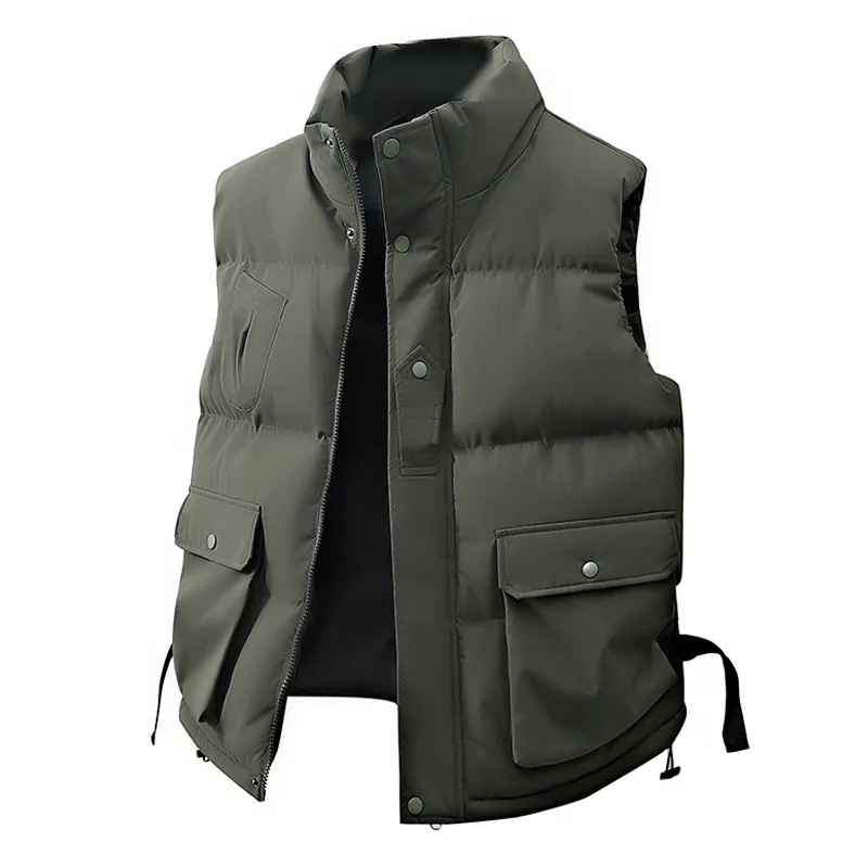 Men Wattierte Weste Stehkragen Cargo Stil Gesteppte Ärmellose Jacke Winddicht Mehrere Taschen Outdoor Lässig Warm