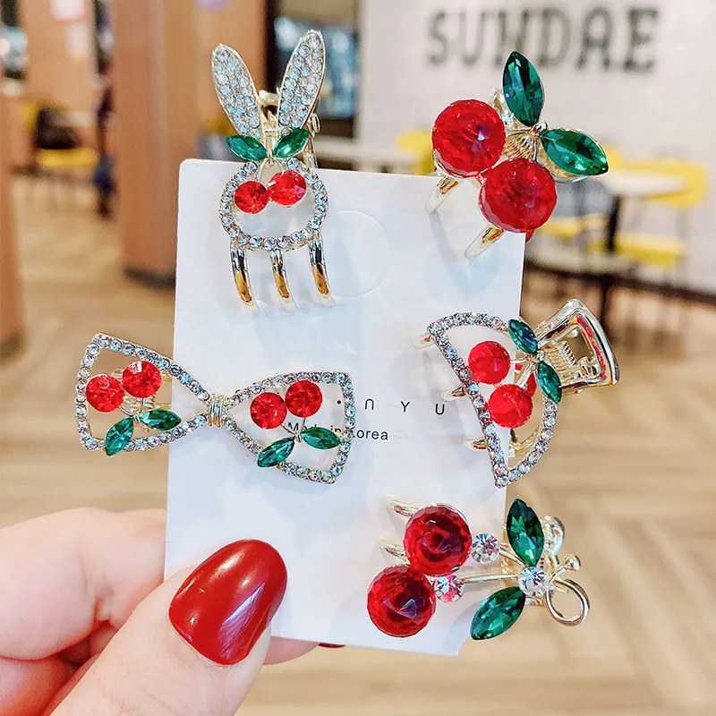 Mini Cherry Hair Claw Clips Alloy Red Green Rhinestone Crystal Small Exquisite Korean Style Cute Hairpin For Women Girls