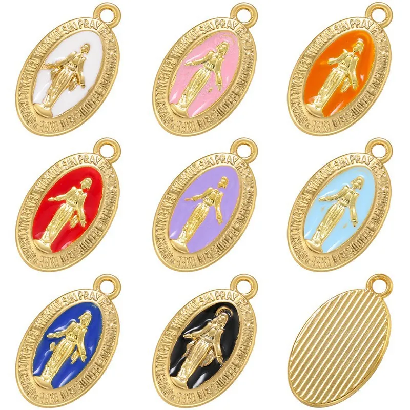Miraculous Medal Pendant Religious Virgin Mary Oval Retro Colorful Copper Brass Enamel Relief Jewelry Accessories Women