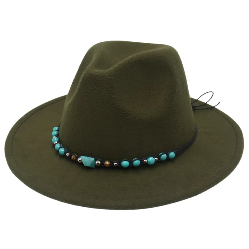Ethnic Western Cowboy Fedora Hat For Women Men Large Brim Cotton Felt Hat With Turquoise Beads Bohemian Style Jazz Hat