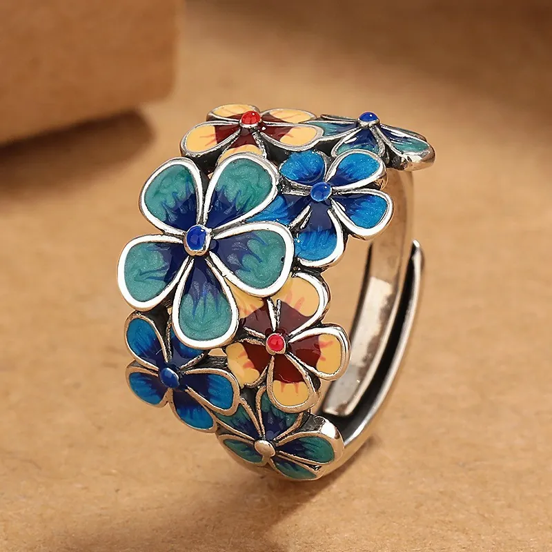 Anillo De Cobre Con Flores De Esmalte Vintage Para Mujeres Ajustable Abierto Floral Estilo Étnico Joyería Camelia