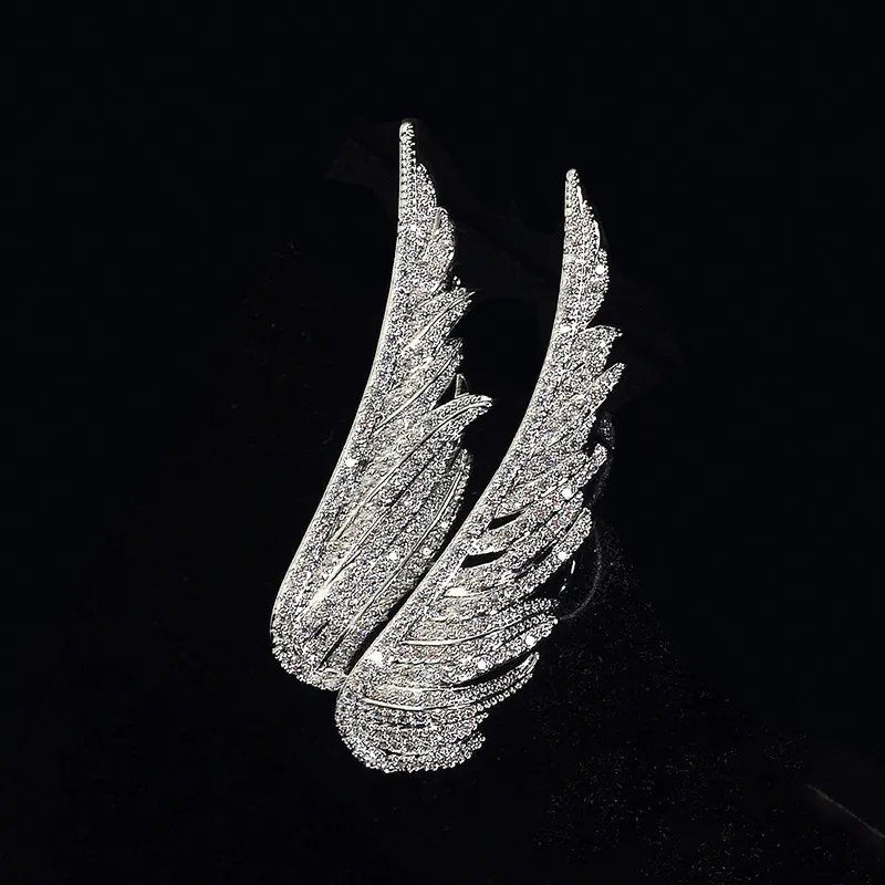 Elegant Angel Wing Feather Brooch Pin Alloy Sparkling Rhinestone Suit Coat Accessory For Women