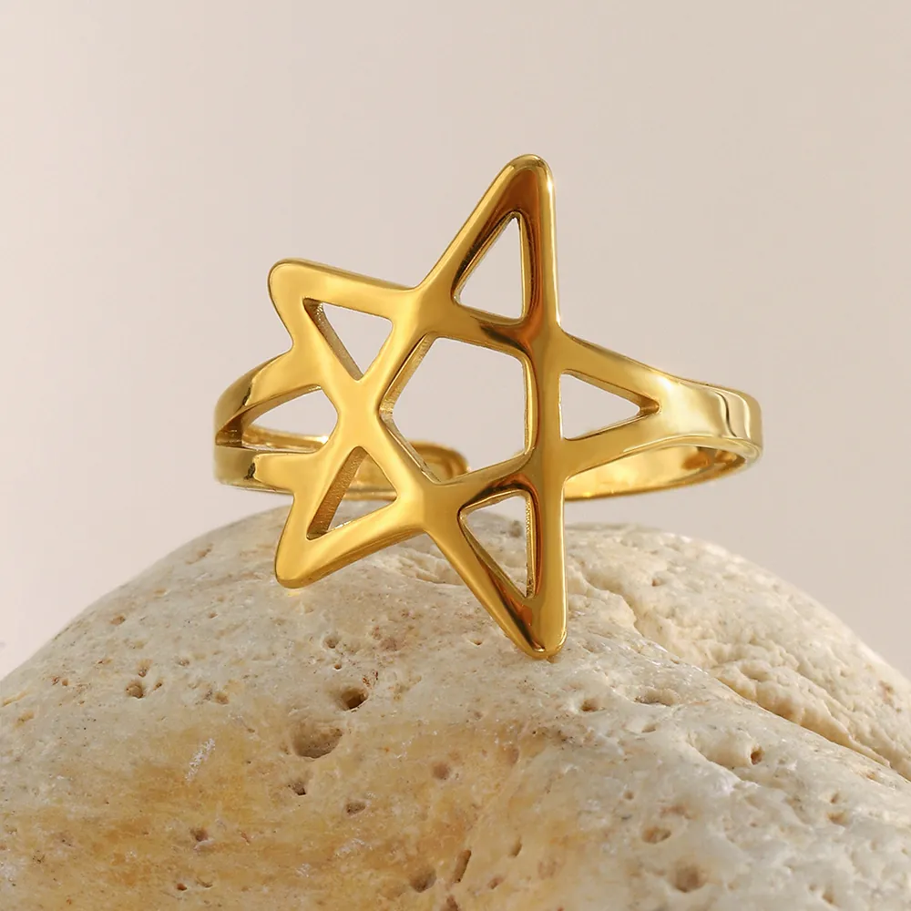 Star Open Ring Hollow Pentagram 18K Gold Plated Stainless Steel Adjustable Minimalist Creative Fashion Jewelry Women