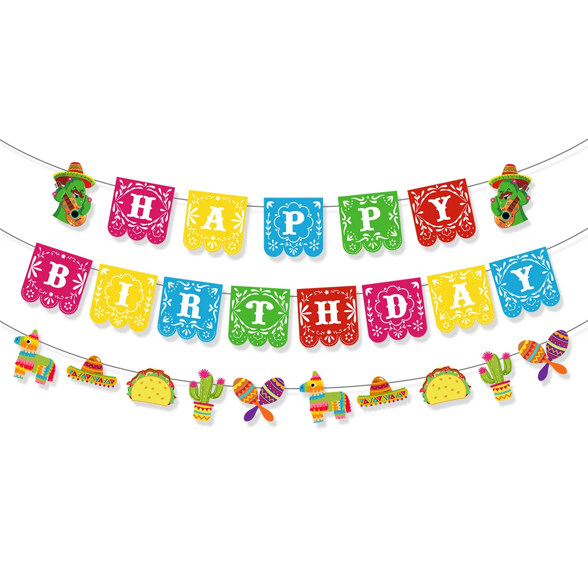 Mexican Fiesta Party Decor Happy Birthday Banner Sombrero Pinata Cactus Guitar Garland Spiral Hanging Party Supplies