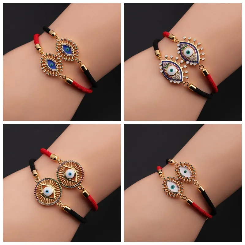 Bracciale Occhio Di Maometto Rame Zircone Regolabile Corda Intrecciata Gioielli Protezione Per Donne Fatto A Mano