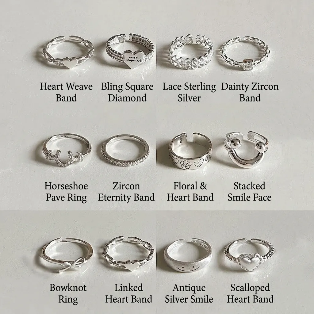 925 Sterling Silver Adjustable Rings Smiley Face Heart Bow Knot Cubic Zirconia Minimalist Fashion Jewelry For Women