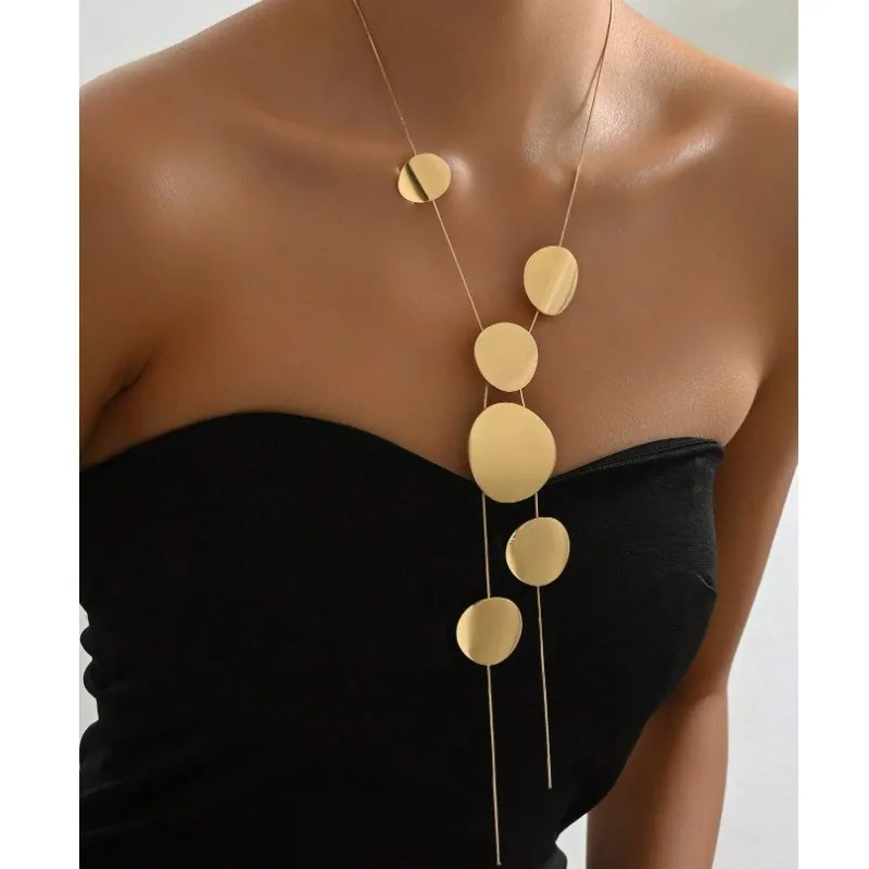 Zinc Alloy Long Lariat Necklace Geometric Disc Heart Flower Butterfly Leaf Pendant Tassel Minimalist Jewelry