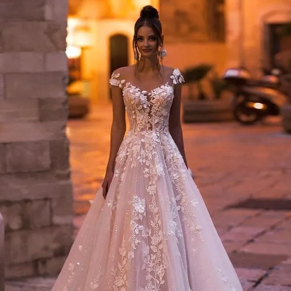 Off Shoulder Wedding Dress For Bride Lace Appliques Floral Embroidery Tulle Backless A-Line Long Bridal Gown