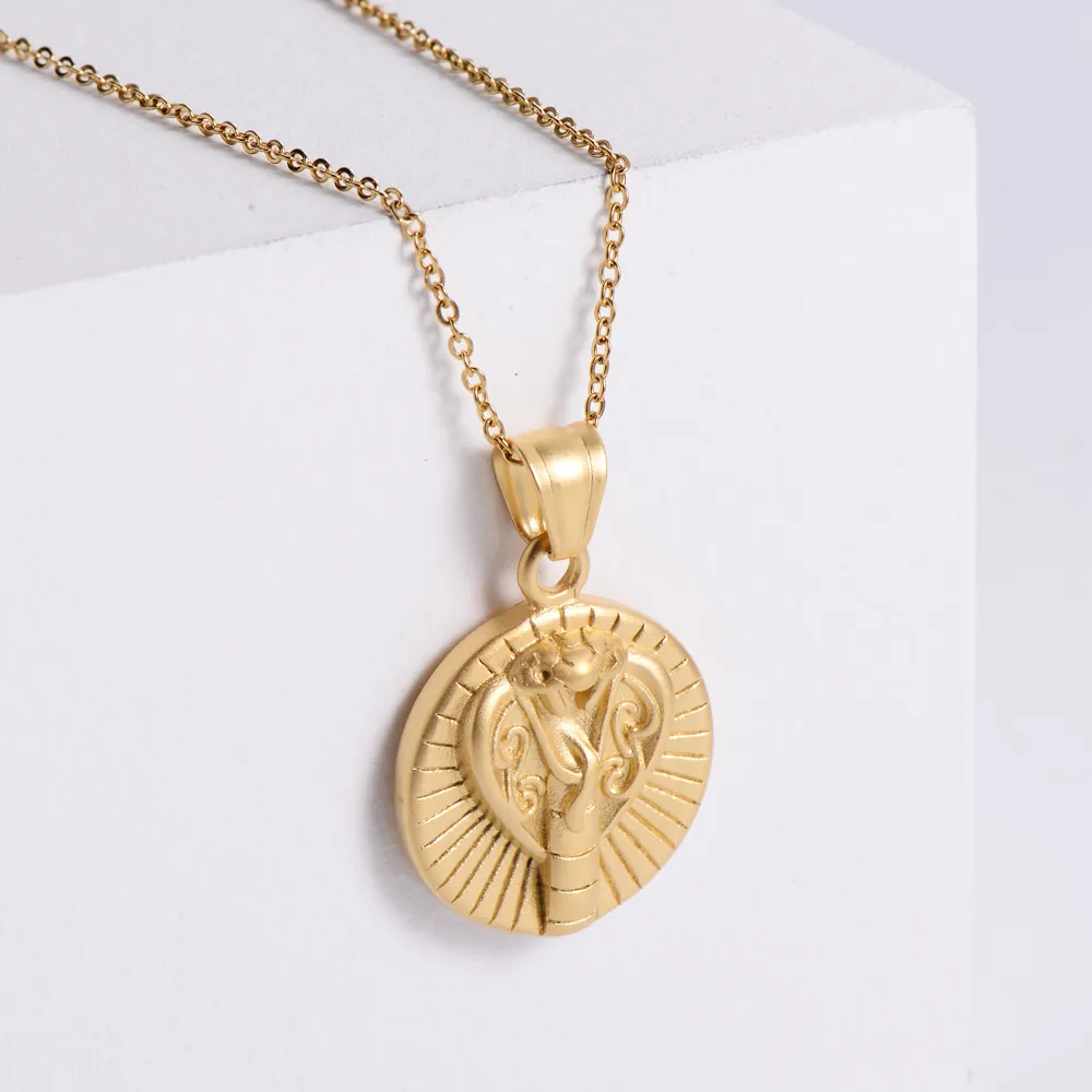 Cobra Snake Round Pendant Necklace 304 Stainless Steel 18K Gold Plated Sandblasted Vintage Egyptian Style Jewelry For Women