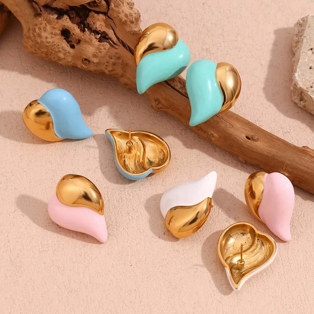 Fashion Stainless Steel 18K Gold Plated Heart Stud Earrings For Women Trendy Color Block Enamel Drip Oil Heart Jewelry