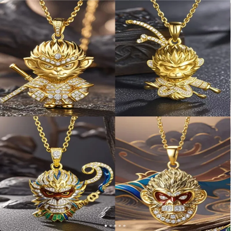 Affenkönig Anhänger Halskette Kupfer Zirkon Strass Chinesischer Stil Mythischer Affenkopf Schmuck Für Herren Damen