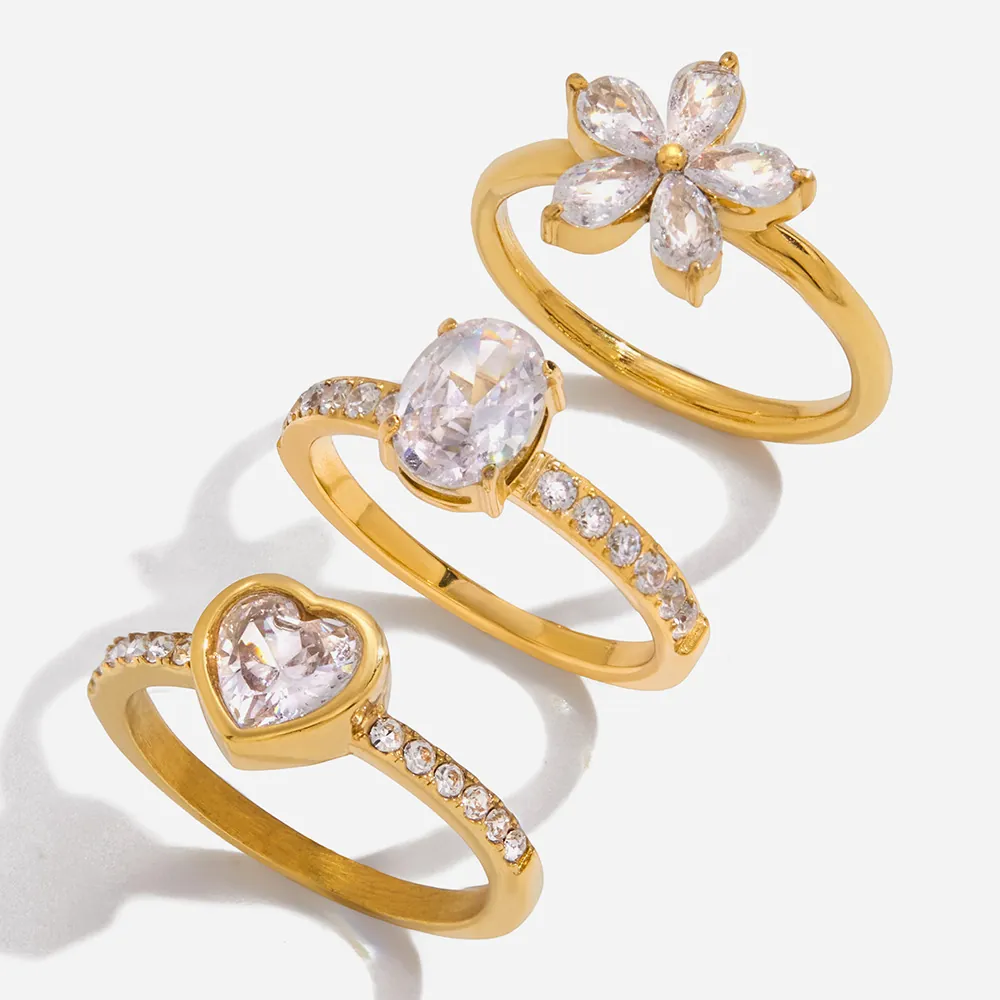 Heart Oval Flower Zircon Ring Stainless Steel 18K Gold Plated Waterproof Hypoallergenic Chic Jewelry For Women
