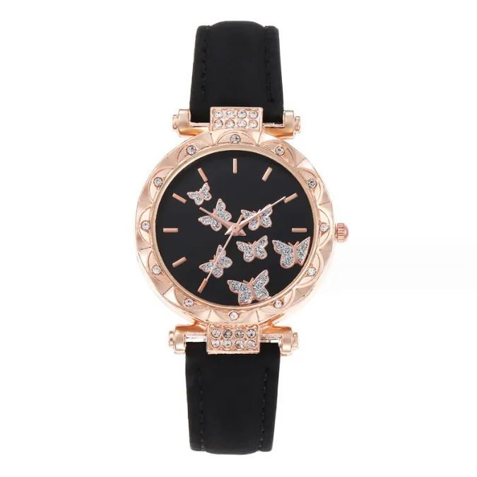 Fashion Butterfly Pattern Women's Quartz Watch With Rhinestone Alloy Case Faux Leather Strap Casual Student Wristwatch Analog Elegant Dress Watch