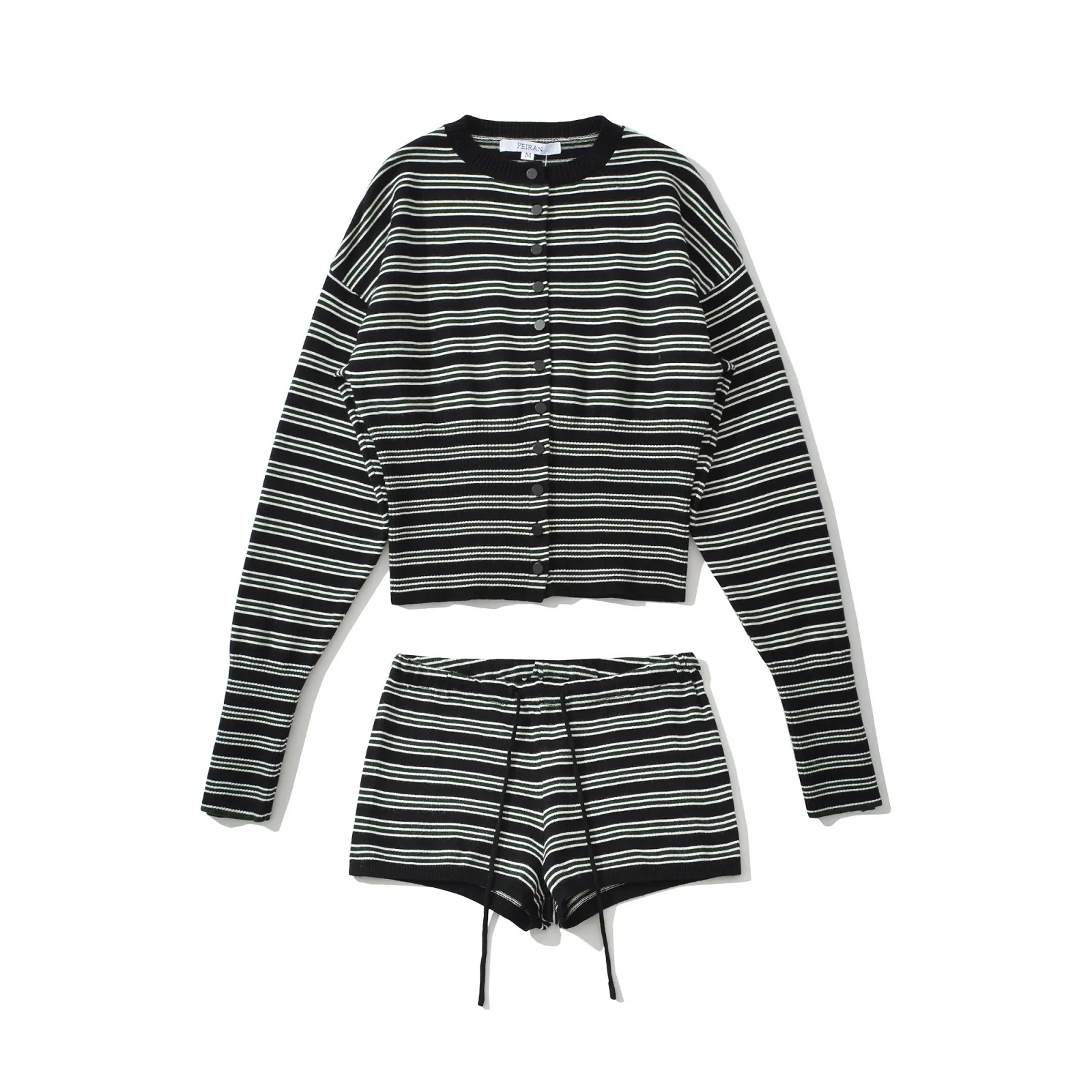 Women Striped Knit Button Cardigan And Drawstring Shorts Casual Streetwear Loungewear Striped Clothing Spring Summer