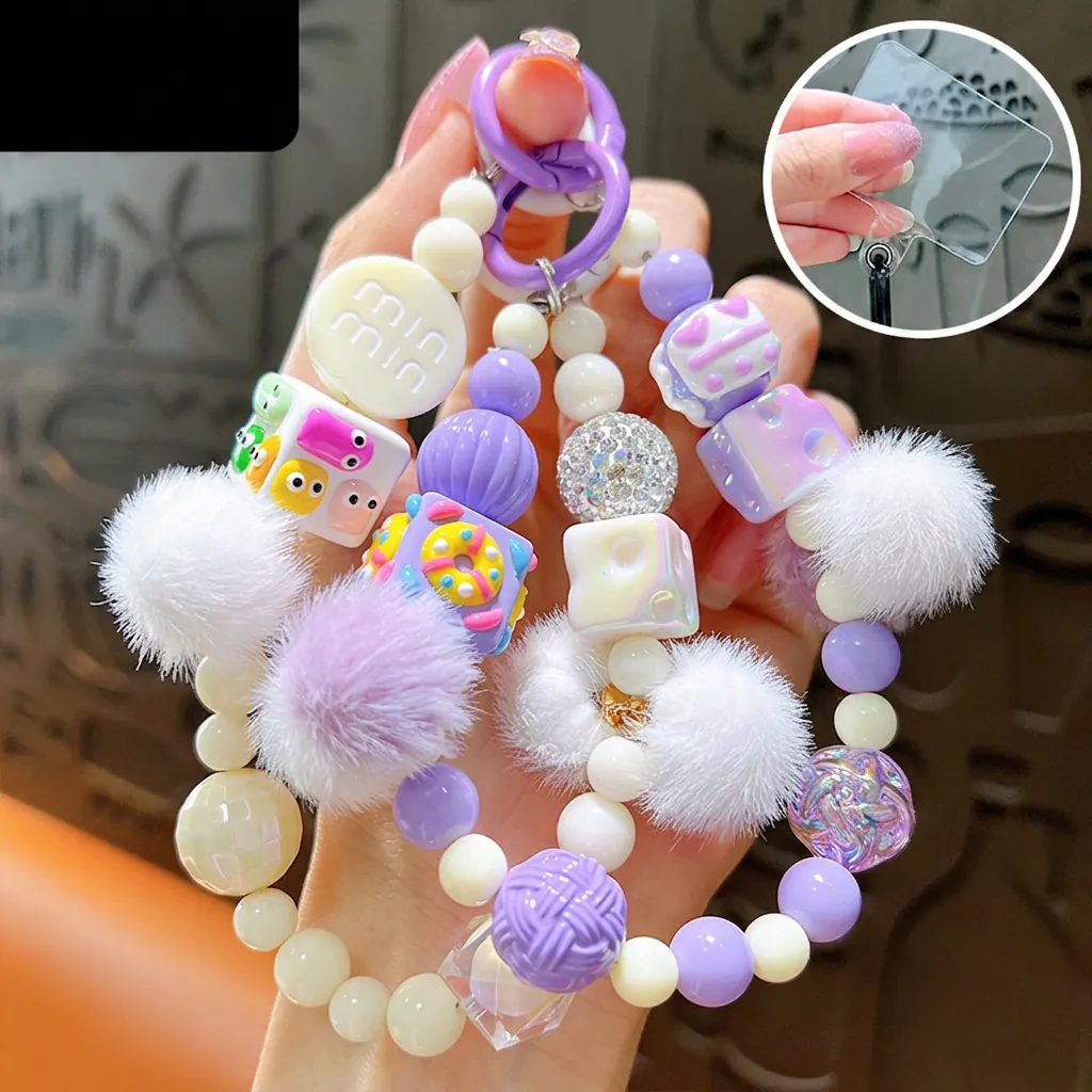 Schattige Handgetekende Kralen Telefoonketting Sleutelhanger Met Pompon Acryl Kralen Y2K Tas Ornament Accessoire Dames