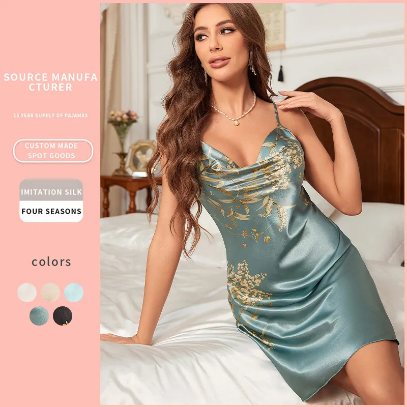 Women Satin Nightgown Spaghetti Strap Cowl Neck Floral Print Backless Imitation Satin Sleepwear Loungewear Homewear