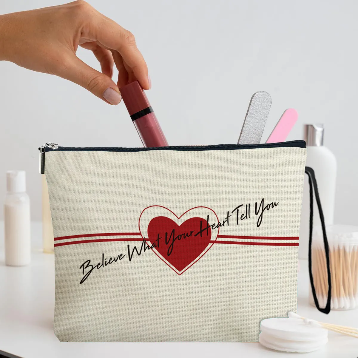 Borsa Trucco In Lino Portatile Con Motivo A Cuore Astuccio Da Viaggio Con Cerniera Per Donna Con Cinturino Da Polso
